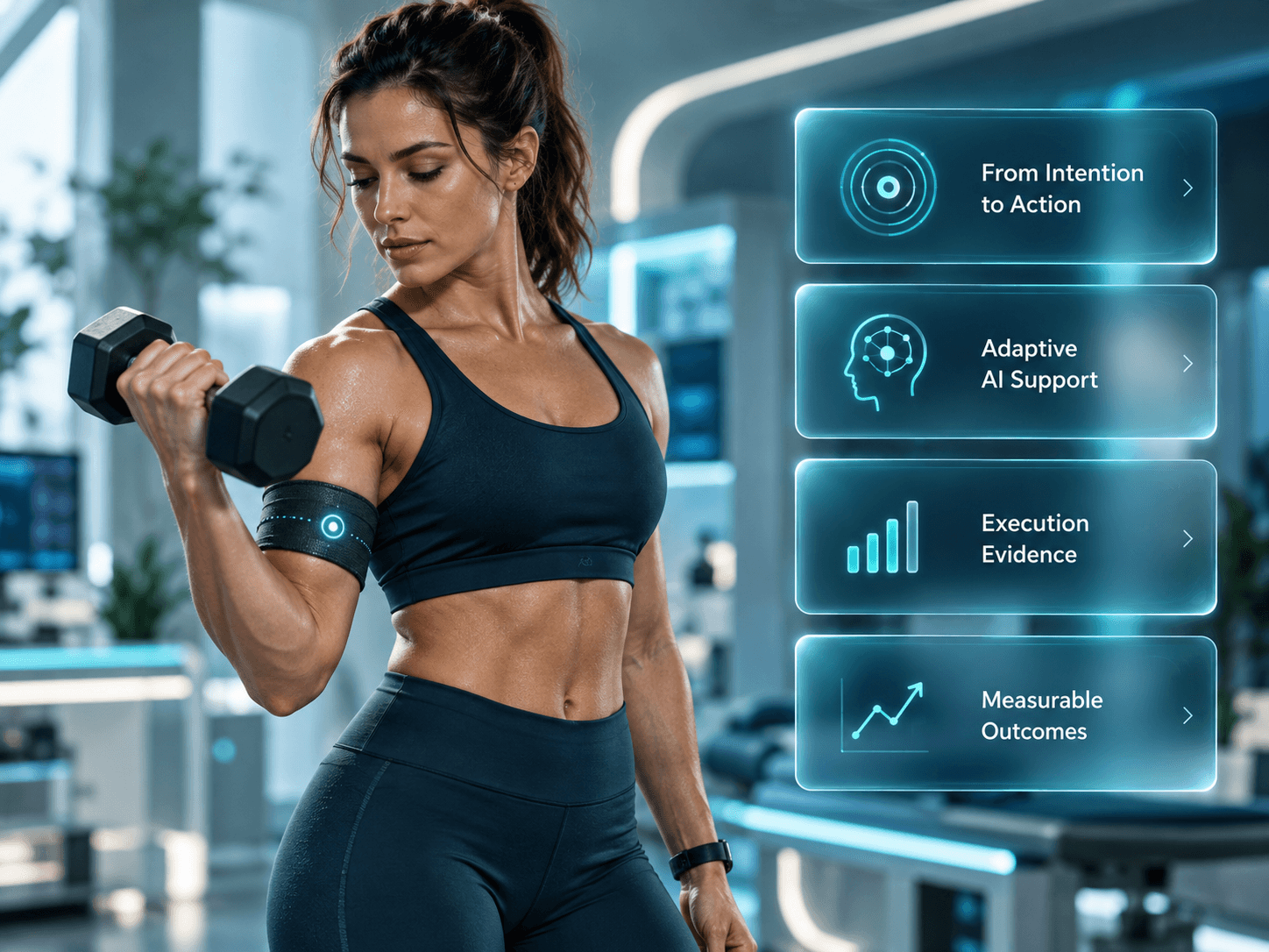 Person performing supported physical activity with adaptive AI assistance